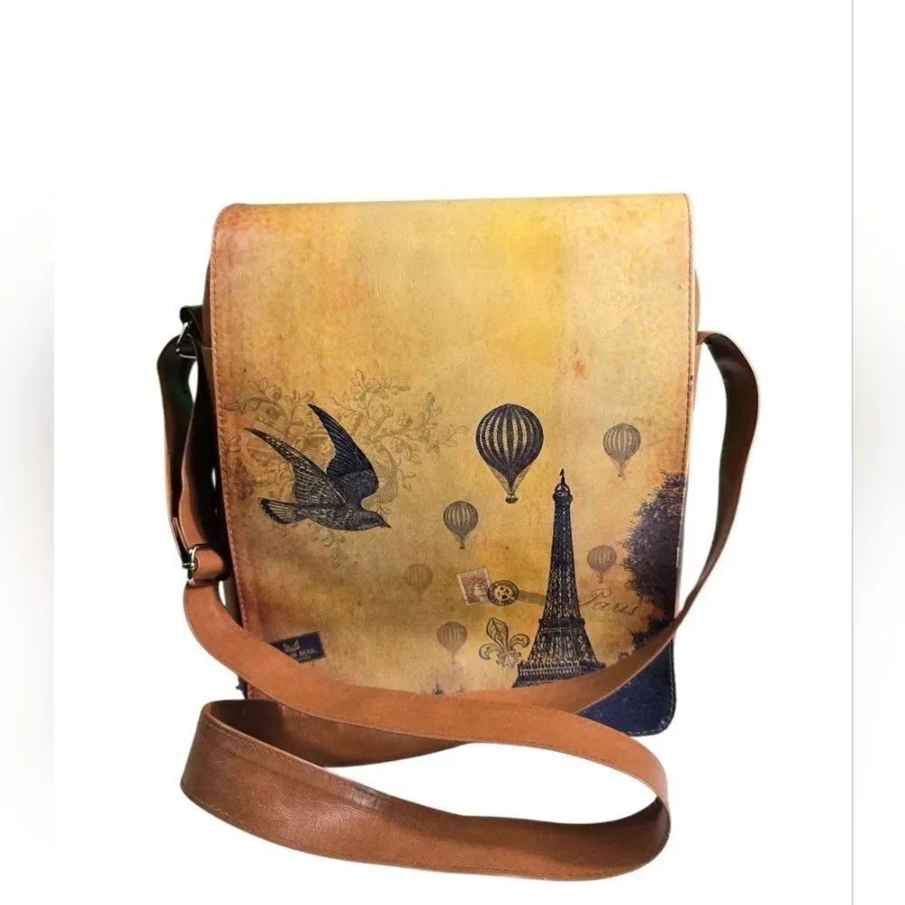 Eiffel Tower Brown Crossbody Bag with Bird and Balloon Design